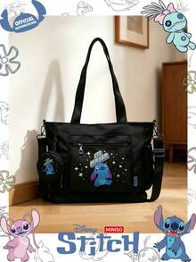 Miniso 迪士尼 Stitch 與 Malia 文字星形卡通印花托特包 2 件組附零錢包，適合工作、旅行、購物與日常使用 - 黑色 - 查看 2