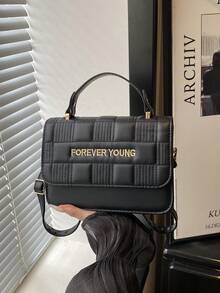 1pc Mini Letter Embossed Grid PU Portable Flap Fashion Women's Handbag Suitable For Autumn/Winter Daily Shopping - Black - View 1