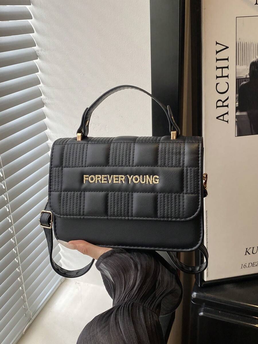 1pc Mini Letter Embossed Grid PU Portable Flap Fashion Women's Handbag Suitable For Autumn/Winter Daily Shopping - Black - View 1