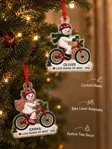 1pc Customized Name Snowman Riding Bicycle Christmas Ornament, Christmas Bicycle Pendant, Snowman Couple Winter Souvenir, Cyclist Holiday Gift, Christmas Tree Hanging Decoration, Christmas Gift - Multicolor - View 8