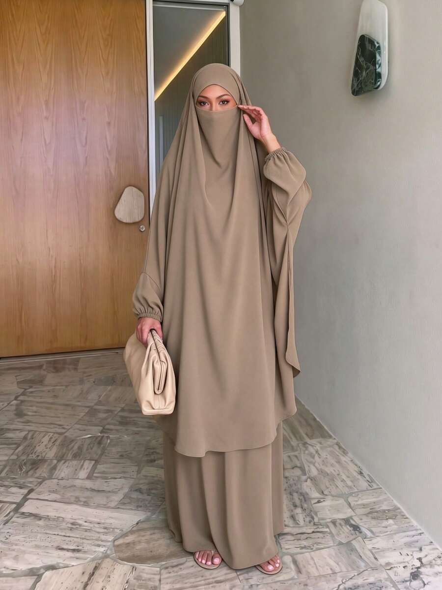 2件組祈禱長袍套裝含希賈布,彈性袖口端莊穆斯林女款全遮蓋伊斯蘭禮拜服 - 88#卡其 - 查看 1