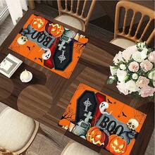 1/4/6pcs Halloween Series Tombstone & Coffin BOO Pattern Printed Placemats, Heat-Resistant Table Mats For Home Kitchen, Tabletop Protection, Kitchen Dining Table, Party Scene Decoration - Multicolor - View 7