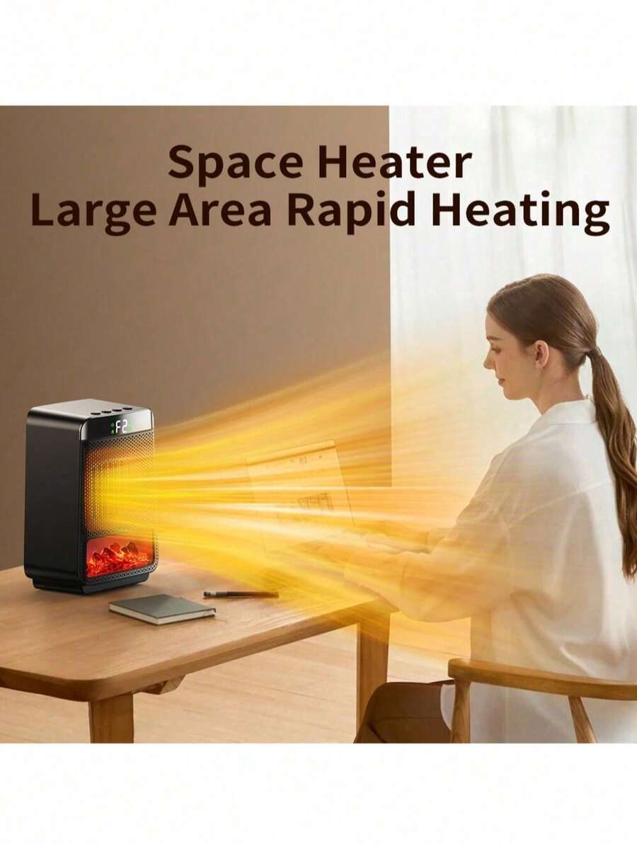 Portable Electric Heater, Dynamic Flame Effect, Digital Temperature Control, Quiet Overheat & Tip-Over Protection, Compact , Suitable For Indoor/Outdoor Bedroom Office, Christmas Gift - Black - View 1