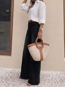 Quần dài denim nữ có túi, cài cúc, phong cách casual đa năng, mặc hàng ngày và đi du lịch - màu đen - Xem 4