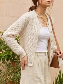 Elegant Ladies' Autumn/Winter Fashionable Daily Home Leisure Basic Simple Loose Solid Color Knitted Round Neck Long Sleeve Cardigan Jacket Sweater Top - Apricot - View 3