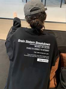 女款時尚春秋純棉寬鬆百搭字母印花圖案長袖T恤 - 深灰色 - 查看 2