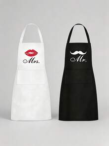 Wedding Mr & Mrs Couple Apron Set 2pcs With Pockets Adjustable Kitchen Cooking Aprons, Lips & Mustache Print Couple Aprons, Suitable For Bride & Groom, Wedding Gift, Anniversary, Bridal Shower, Valentine's Day, Housewarming, Home Baking, BBQ, Cooking Party, Unisex His & Hers Matching Couple Aprons - Couple Aprons - View 4