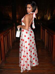 SYchuan Women's Elegant Polka Dot Halter Neck Maxi Dress, Knit Fabric, Sleeveless Backless Slim Fit, Suitable For Fashionable Occasions - White - View 2