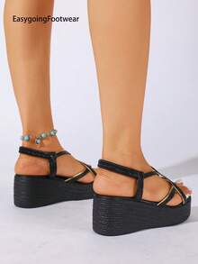 Women's Wedge Sandals, Gold Trim Cross Strap, Elastic Back Strap, Open Toe Summer Vacation Daily Sandals - Black - View 7