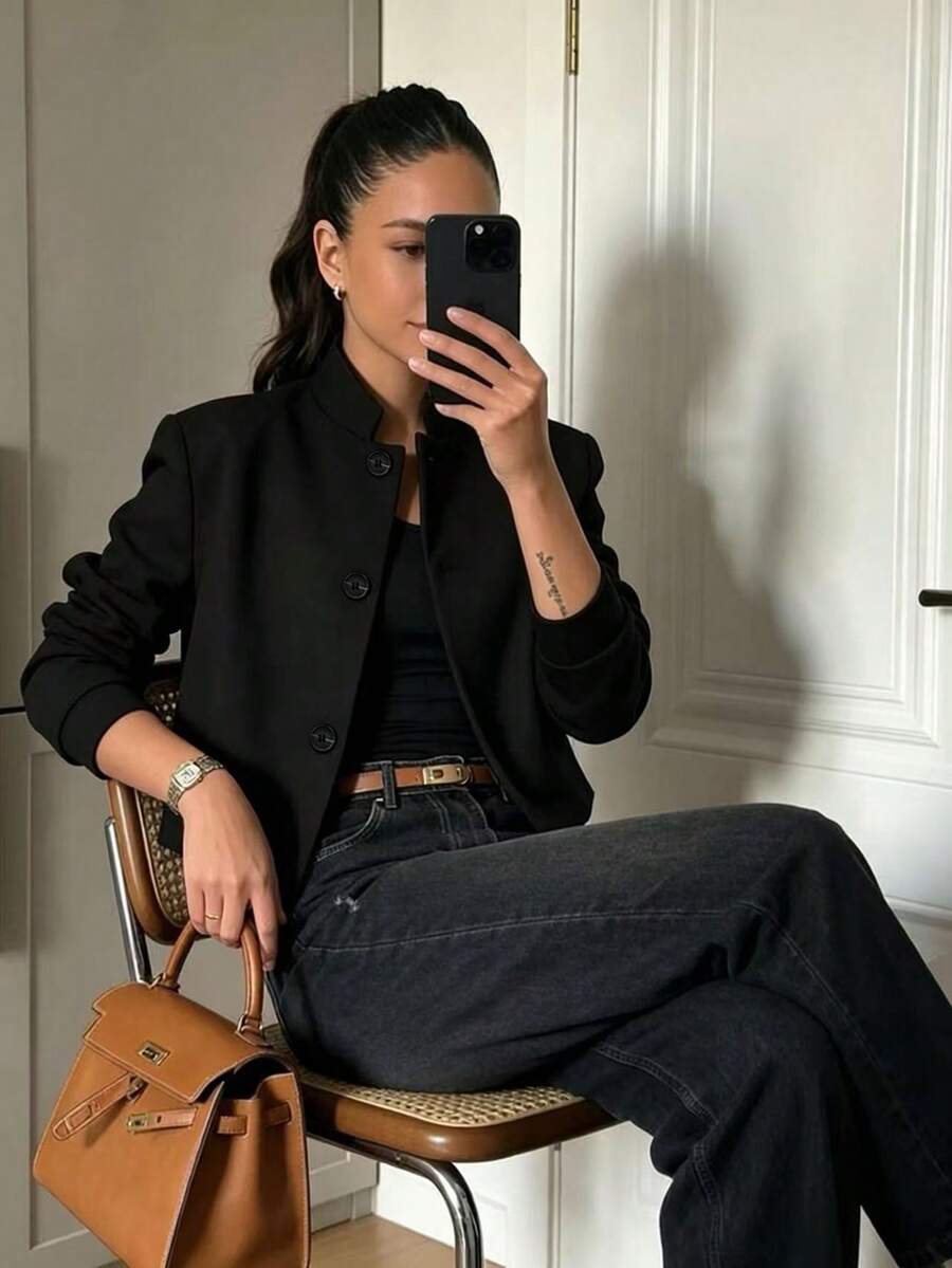 Women's Black Stand Collar Short Blazer, Button Front, Long Sleeve, Regular Length, Polyester Fabric, Non-Stretch, Suitable For Autumn Wear - Black - View 1