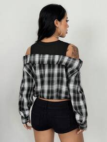 Women's Elegant Fashion Casual Striped Patchwork 2-In-1 Versatile Cold Shoulder Long Sleeve Cuffed Design Minimalist Daily Top Solid Color Striped Woven Fabric Button 2-In-1/Deconstructed Style Vacation Daily Commute Office Home Tea Party Spring Autumn Winter - Black - View 3