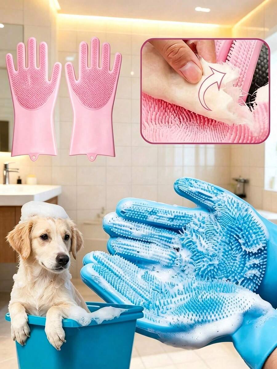 2Pcs Multi‑Purpose Silicone Scrubber Gloves, Waterproof Soft Bristle Cleaning Gloves, Reusable Household Gloves For Pet Dog Cat Bathing, Kitchen Dish Washing, Pot Scrubbing & Body Exfoliating, Hangable Design - View 1
