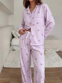 2pcs/Set Women's Pajamas Homewear Set Striped Bow Print Long Sleeve Lapel Top And Pants Autumn/Winter - Purple - View 5