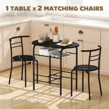 3-Piece Dining Table Set , Metal Frame Wood Top Breakfast Bar Table Set 2, Dining Table/Storage Shelf & 2 Chairs On-Site - Black + Engineered Wood - View 4