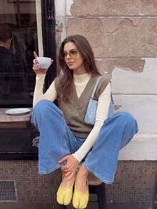 2026 Early Autumn Women's Semi-High Neck Knitted Base Layer Top, Slim Fit, Flattering, Solid Color, Long Sleeve, Inner Layer, Minimalist, Elegant, Fine Ribbed, Elastic, Knitted Sweater, Commute, Versatile, Body-Hugging, Warm, All-Match Style, Petite, Short Length, Elegant, Tight-Fitting, Gentle Style, Pullover - Apricot - View 2