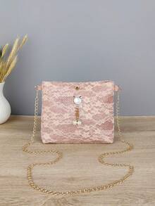 1pc Women's Floral Lace Square Crossbody Bag With Faux Pearl Cat Charm & Gold Chain Strap, Romantic Shoulder Purse For Party - White - View 12