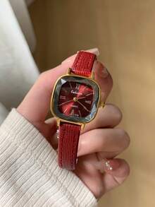 1件經典紅色方盤可調節PU錶帶極簡混用刻度設計，適合日常配戴 - 紅色 - 查看 3