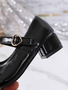 Black Mary Jane High Heels With Heart Buckle And Straps For Girls, Princess Flats For Performance Dresses - Black - View 7