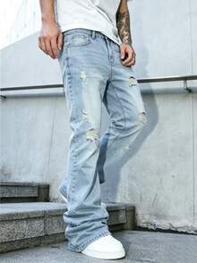 Men's Fashion Distressed Slightly Flared Washed Stretch Denim Jeans - Light Wash - View 3