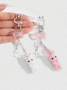 1pc Ins Cute Exquisite Minimalist Highly Attractive Silver Chain Cross Resin Star Bowknot Flocked Multicolor Rabbit Bear Pendant Keychain Bag Charm, Suitable For Girls And Women Daily Wear, Holiday Gift - Multicolor - View 1