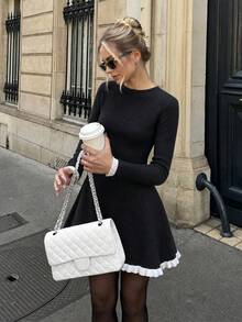 Fashionable Women's Ribbed Knit Dress, Black Mini Length, Decorated With White Ruffle Trim, Medium Stretch Long Sleeve, Suitable For Autumn/Winter Wear. - Black - View 3