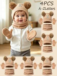 4pcs/Set Baby 26 Alphabet Pattern Double Pom Pom Knitted Hat, Scarf, Gloves Warm Cute Set, Suitable For Outdoor, Can Be Used As Birthday Gift - Khaki - View 1