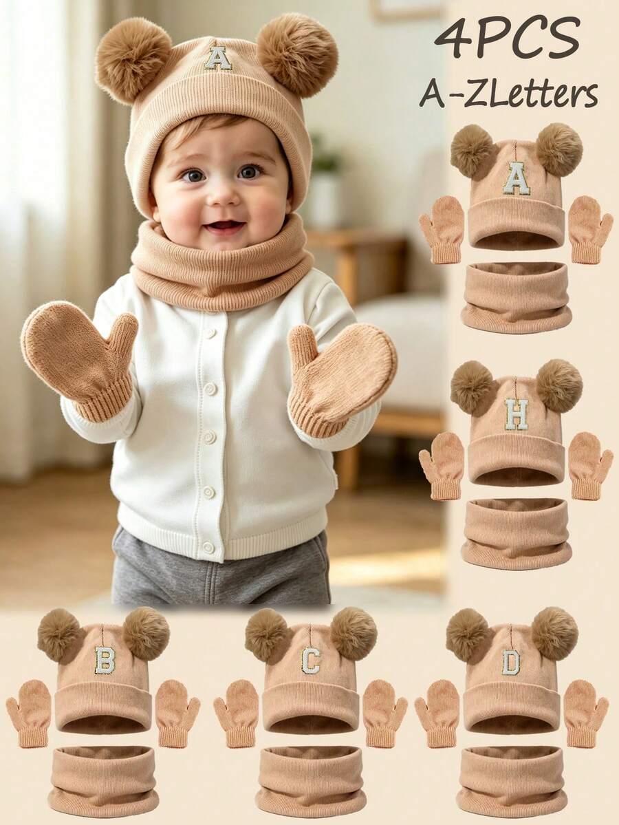 4pcs/Set Baby 26 Alphabet Pattern Double Pom Pom Knitted Hat, Scarf, Gloves Warm Cute Set, Suitable For Outdoor, Can Be Used As Birthday Gift - Khaki - View 1