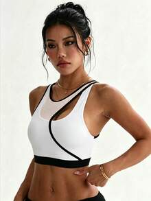 Women's Solid Color Detachable Padded Round Neck Backless Mesh Patchwork Sports Knit Bra - Multicolor - View 5
