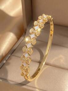 2Pcs Vintage Elegant Gold Bangle Set For Women, Stainless Steel,Pave CZ Rectangle & Bow‑Shaped Shell Inlay Open Cuff,Daily Party Wedding Birthday - Multicolor - View 8