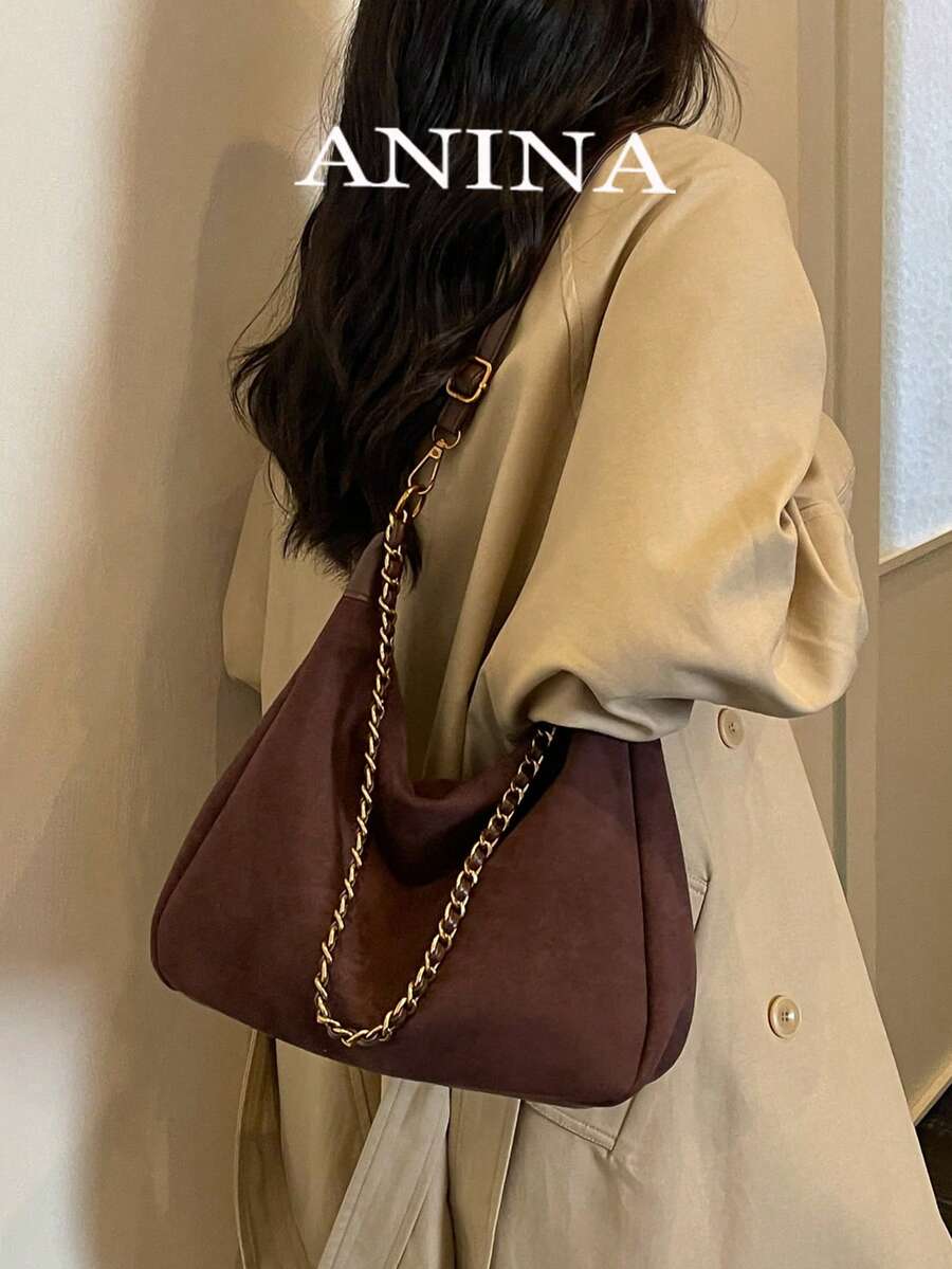 Tas Bahu Rantai Suede Matte Fashion Baru, Tas Baguette, Tas Selempang Gaya Prancis Retro Persegi Patchwork