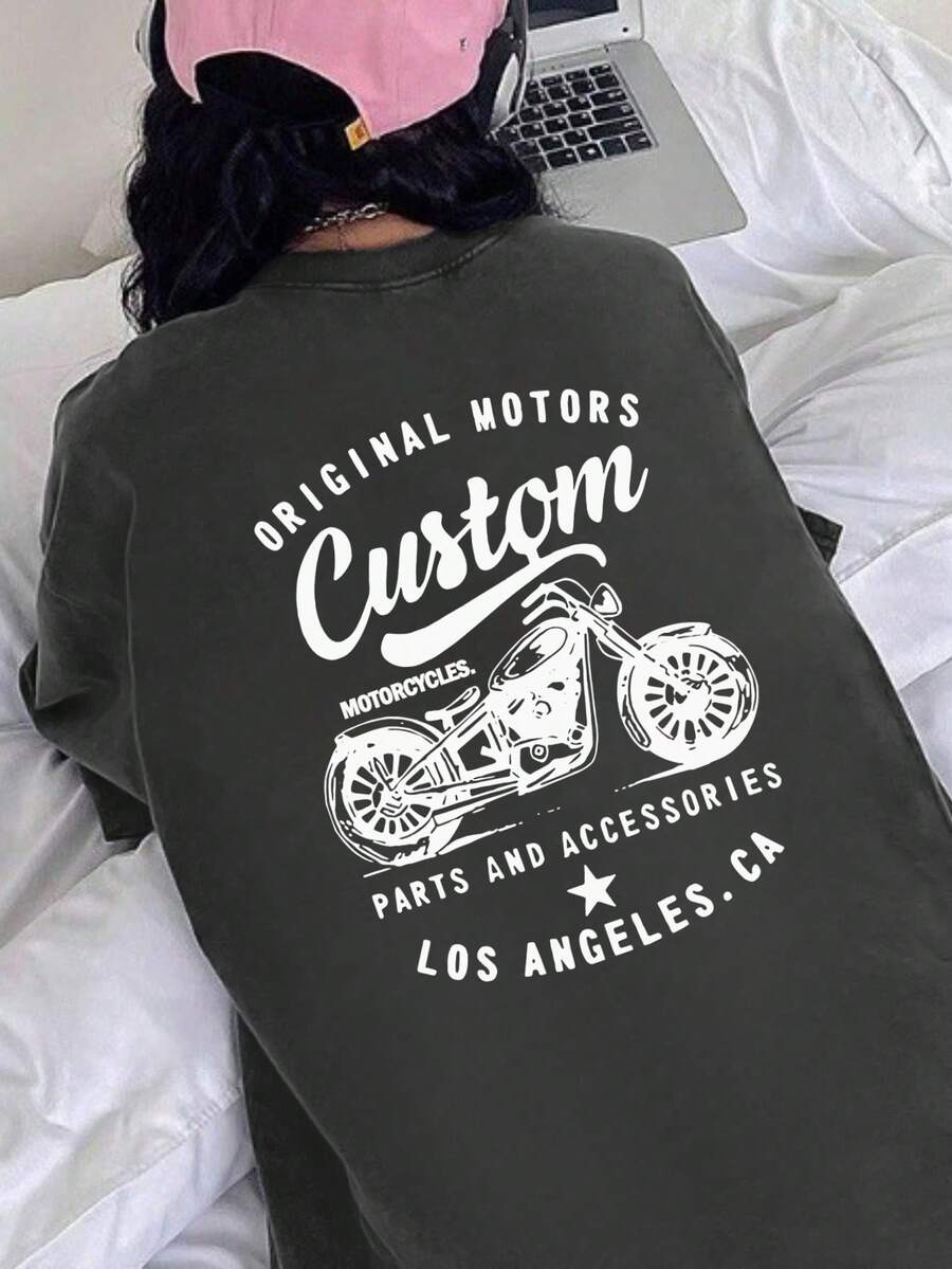 女款時尚秋冬寬鬆休閒百搭字母與摩托車卡通圖案長袖T恤 - 深灰色 - 查看 1