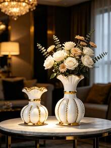 1 Piece Luxury White Gold Ceramic Vase With Wavy Gold Rim - 1PC - View 3