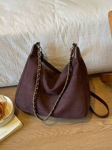 New Fashion Matte Suede Chain Shoulder Bag, Baguette Bag, Crossbody Retro French Style Square Patchwork - Coffee - View 9