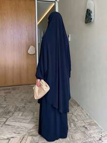 2件組祈禱阿巴雅套裝含希賈布，彈性袖口端莊穆斯林女裝，全覆蓋伊斯蘭禮拜服 - 10# 藏青 - 查看 3