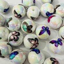 10pcs 16mm Acrylic Colorful Printed Butterfly Straight Hole Round Beads, UV Coated - Multi-Color Mixed Pack, Suitable For DIY Jewelry Making, Bracelets, Friendship Gifts, Keychains And Pen Decorations - Random Color Mixing - View 5