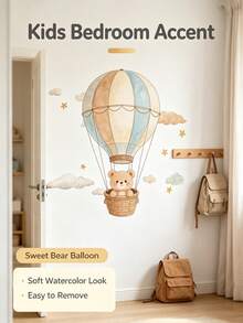 1pc Hot Air Balloon Bear Children's Room Wall Sticker, Hand-Drawn Style Animal Decal, PVC Material, Removable Self-Adhesive Sticker, Suitable For Children's Room Decoration And Kindergarten Wall Decoration - Multicolor - View 5