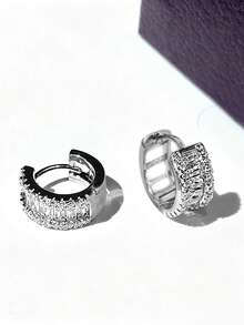 1 Pair Exquisite Cubic Zirconia Hoop Earrings Women Wedding Engagement Party Jewelry Valentine's Day Gift - Silver - View 2