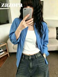 Women's Single-Breasted Korean Style Blue Long Sleeve Shirt - Blue - View 6