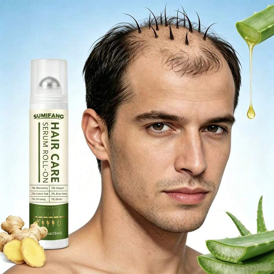 SUMIFANG Ginger & Rosemary Scalp Serum With Rollerball, Enriched With Ginger, Rosemary And Multiple Plant Extracts, Repairs Scalp And Nourishes Hair Roots, Improves Fine And Flat Hair Texture, Direct Application To Hair Roots, Refreshing And Fast Absorbing, 15ml - Full Size - View 1