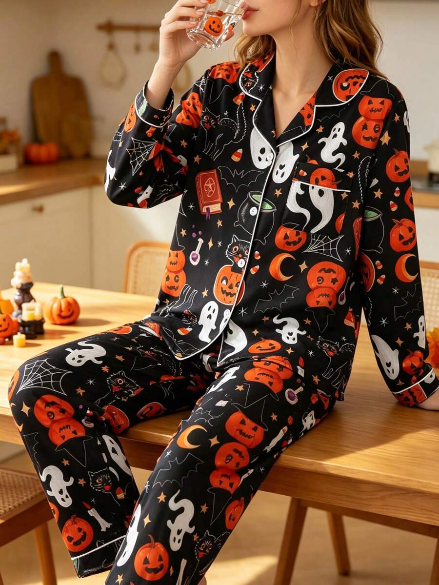 2 Pieces Women's Pajama Set, Pumpkin Ghost Halloween Pattern, Gift 2-Piece Set, Lapel Button Long Sleeve, Extra Loose Elastic Waist Pants, Suitable For All Seasons, Home Wear, Outdoor Wear, Comfortable And Loose - Black - View 1