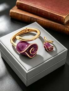 Letingsha Gold-Plated Purple Enamel Rose-Shaped Open Bangle And Adjustable Open Ring Set, Luxury Floral Design Jewelry, Suitable For Women To Wear, Applicable For Weddings, Banquets, Daily Parties And Other Occasions - Purple - View 3