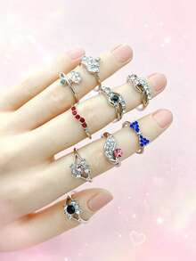 9pcs Glass Rhinestone Inlaid Women's Ring Set, Elegant Luxury Multi-Piece Finger Rings For Party, Vacation, Daily Wear, Fashion Jewelry Gift, Random Style - 9 Random Rhinestone Rings - View 7