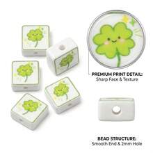 5pcs Printed Square Clover Ceramic Beads, Smiling Face Clover Pattern Square Decorative Beads, Suitable For DIY Bracelets, Necklaces And Pastoral Style Jewelry Making - Multicolor - View 3
