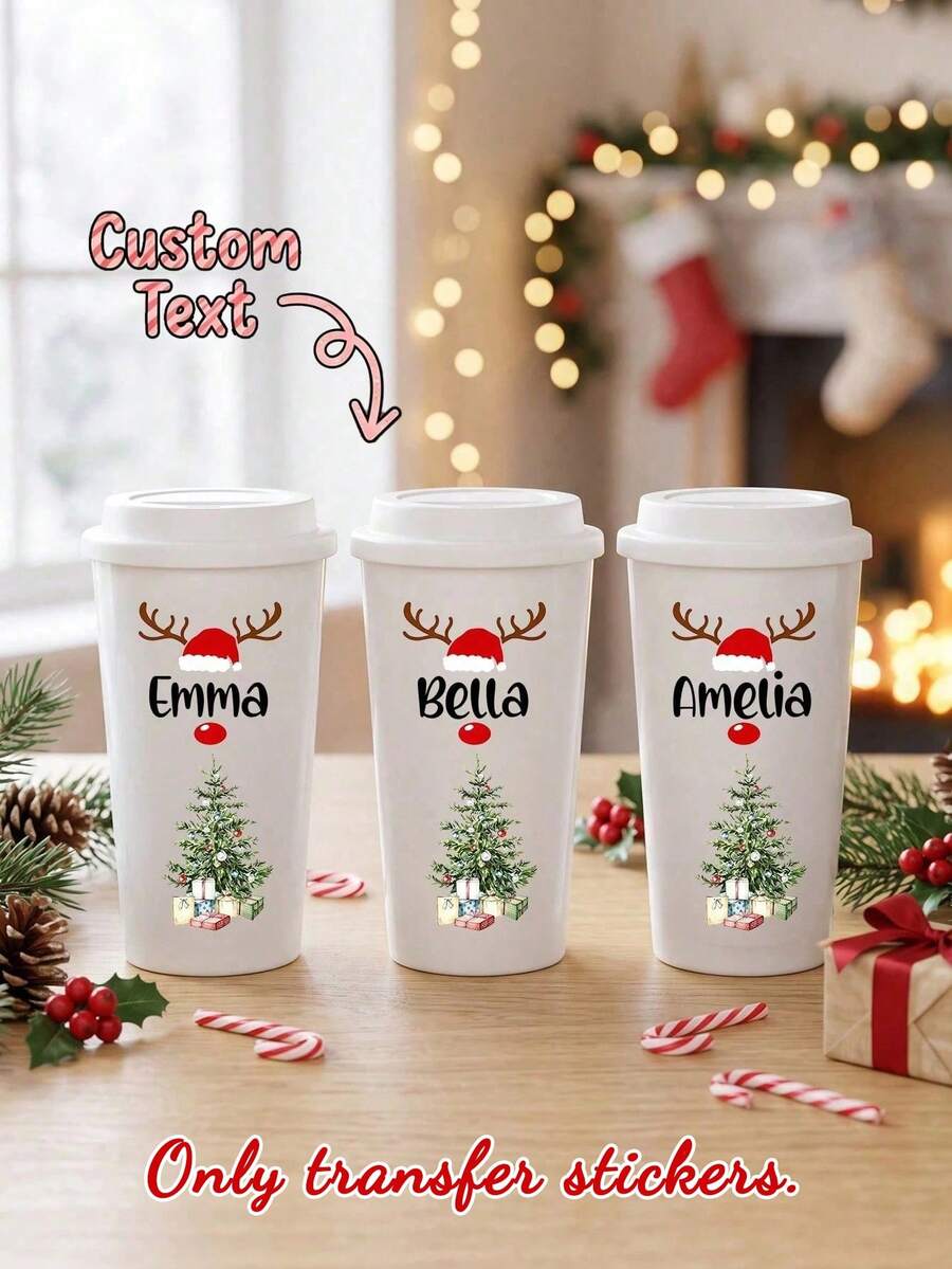 Customized Christmas Reindeer Text Crystal Heat Transfer Sticker, Personalized Santa Claus Antlers Red Nose Christmas Tree Decoration Label, Holiday Gift Decoration Customized Sticker, Customized Christmas Gift - Multicolor - View 1