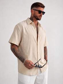 Men's Slim Fit Textured Shirt, Apricot Striped Shirt, Minimalist Fashion Short Sleeve Top, Exquisite And Refreshing Summer - Apricot - View 1