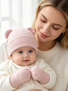 2pcs/Set Cute Bear Ear Knitted Wool Hat, Baby Warm Beanie And Gloves Set, Suitable For 1-3 Years Old - Multicolor - View 4
