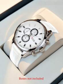 Men's Fashion White PU Leather Quartz Watch, Zinc Alloy Round Case, Suitable For Daily Wear, Work, And Gift Giving - Multicolor - View 7