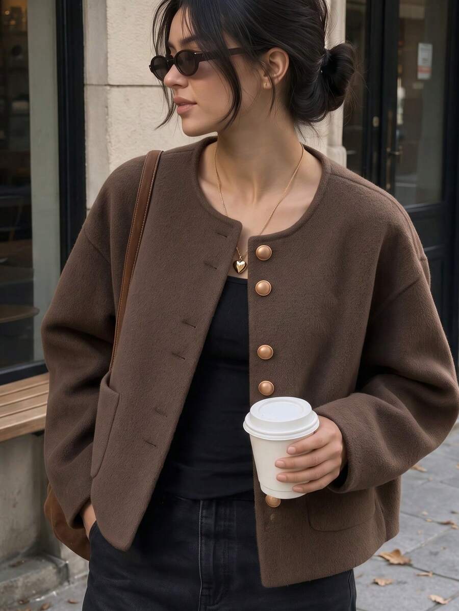 JIANHU Elegant Wool Blend Tweed Jacket, Suitable For Autumn/Winter | Minimalist Round Neck Button Coat | French Vintage Short Jacket, Perfect For Christmas Holiday Office Looks - Coffee Brown - View 1