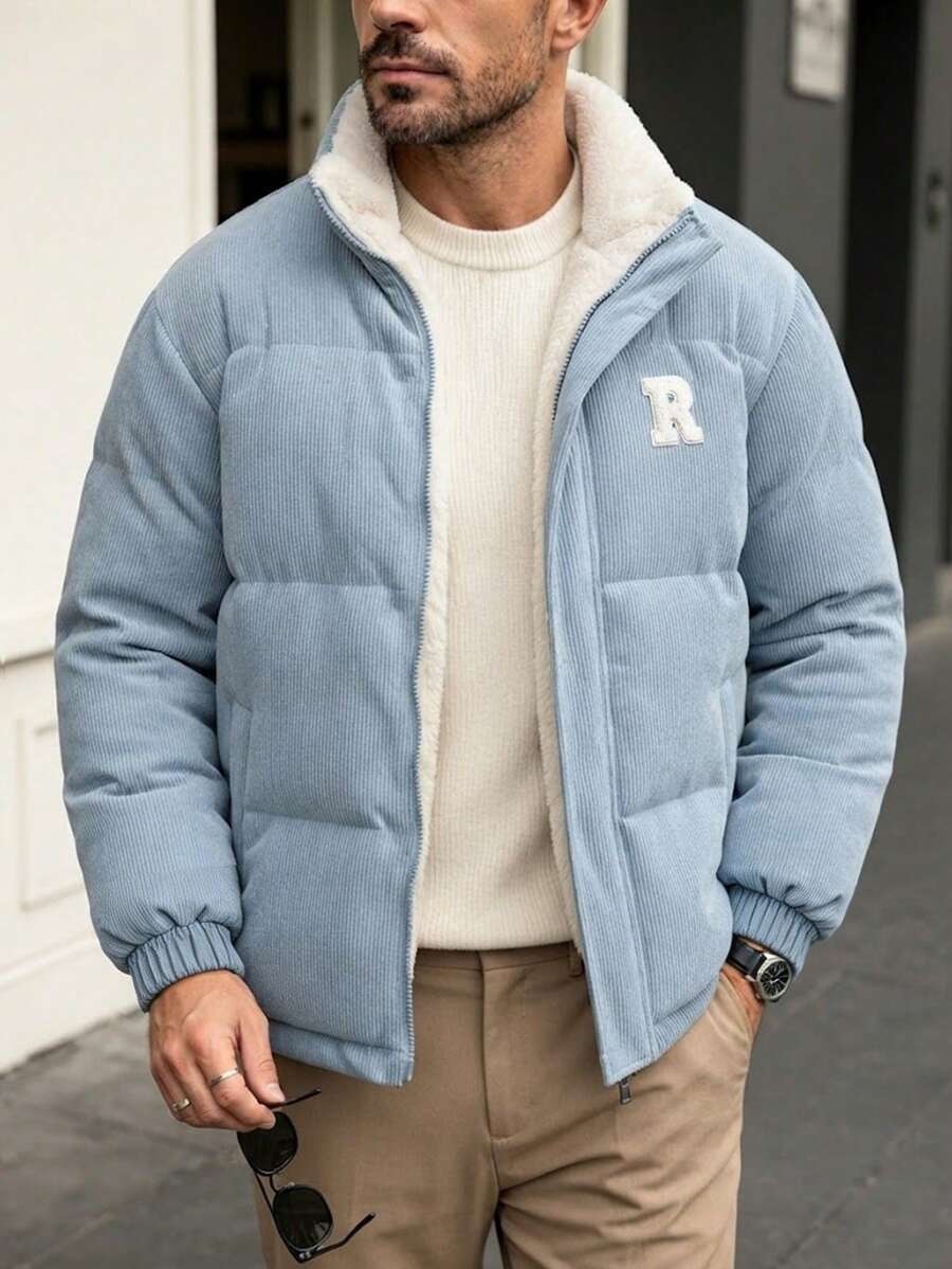 Men's Winter Minimalist Fashion Letter Embroidery Chest Design Comfortable Soft Fleece Reversible Stand Collar Padded Coat - Baby Blue - View 1