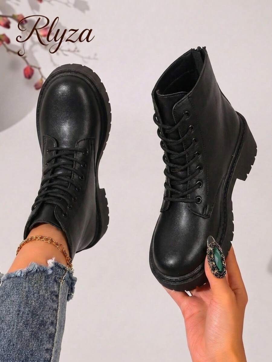 Fall/Winter Style With Black Corset Lace-Up Front Combat Boots, Black Fashionable Women's Boots,Boots For Women - Black - View 1